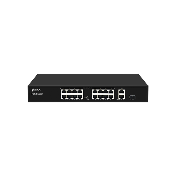 ttec 19300PG-1SFP 16 Portlu, 10/100 Fast Ethernet, Tak Çalıştır Switch, 2 Gigabit Uplink, 1 SFP, 16 Port PoE+ (300W) (TSS)